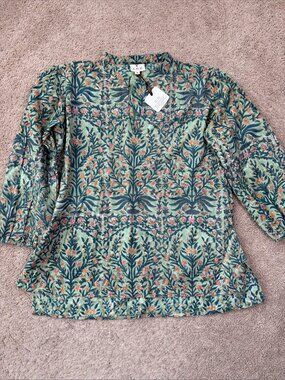 Kristin Mayfield Meredith KMM Shirt Women M Green Floral Block Printed India NWT